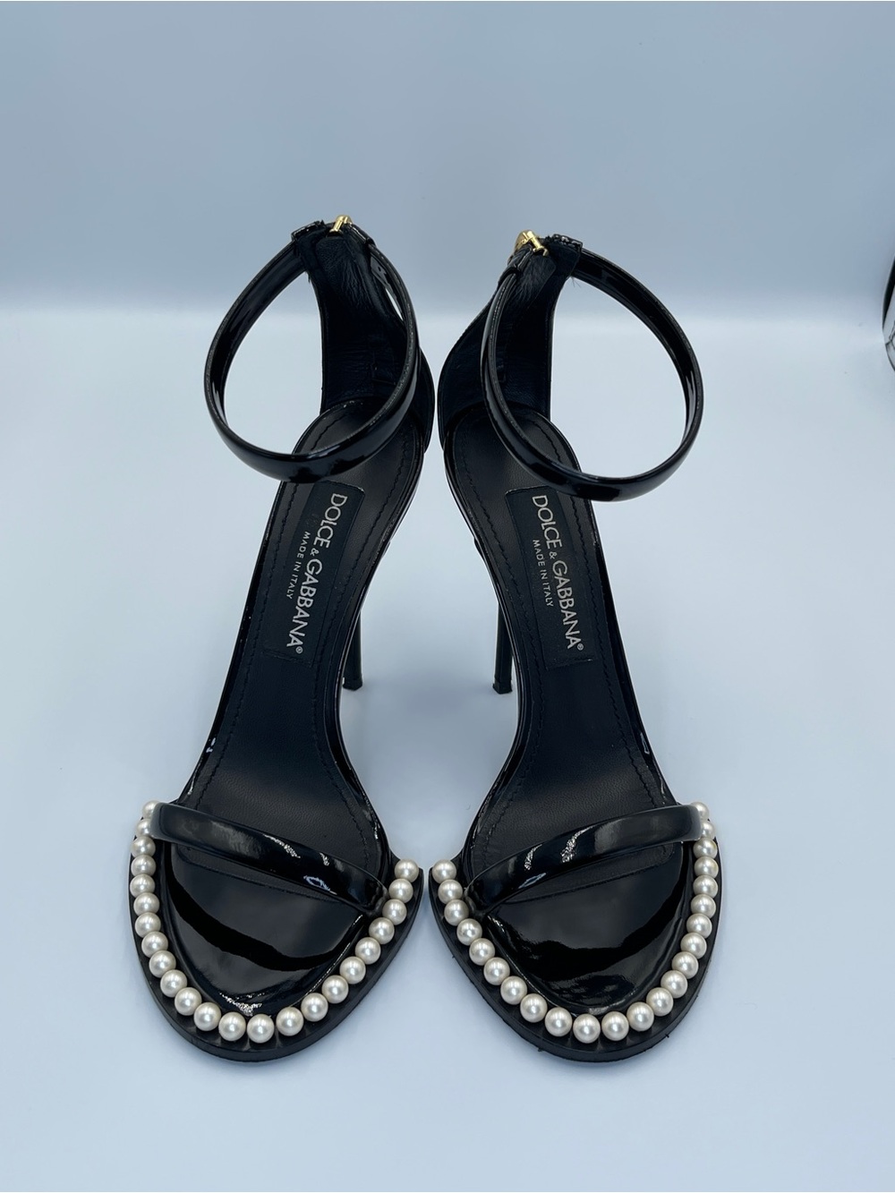 Dolce & Gabbana Black Patent Pearl-Trim Ankle-Strap Heels